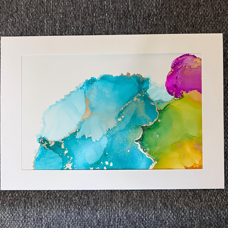 Original - Alcohol Ink Greeting Card - Turquoise Yellow Pink